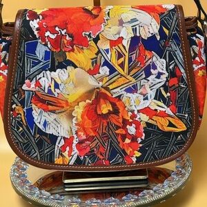 Floral Multicored Coated Canvas Crossbody Bag w/ Tan Trim Approx. 13 x 9 x 3.5